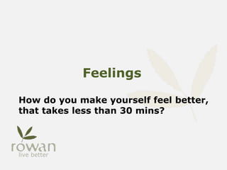 Feelings
How do you make yourself feel better,
that takes less than 30 mins?
 