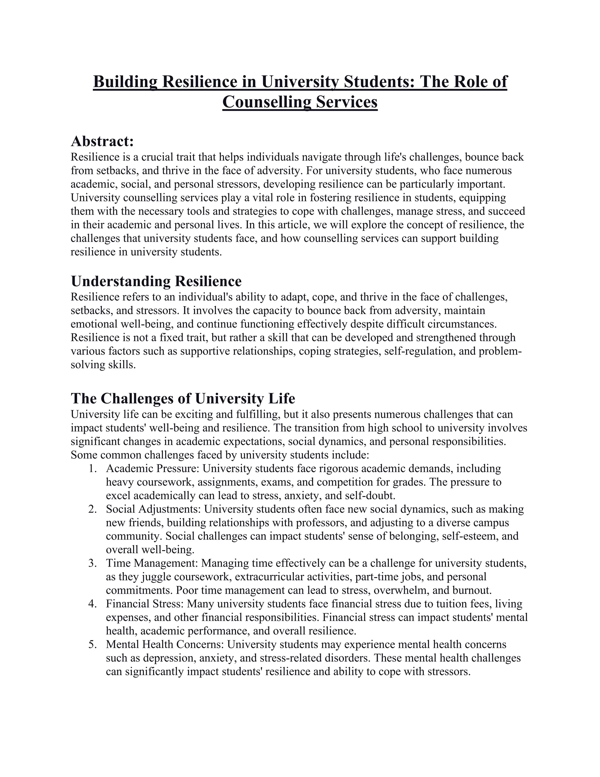 Building Resilience in University Students: The Role of Counselling ...