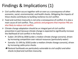 Findings & Implications (1) 
Civil conflict often occurs together with or even as a consequence of other economic, social, environmental, and health shocks. Mitigating the impacts of these shocks contributes to building resilience to civil conflict. 
Food and nutrition insecurity is not only a consequence of conflict; it is also a main cause of civil conflict. Thus, policies and programs that improve FNS are also likely to reduce civil conflict. 
Climate change adaptation should be an integral part of civil conflict prevention in part because climate change is expected to significantly increase the likelihood of civil conflict in the future: 
Sudan: 24-32% by 2030 (under a median climate change scenario), driven by increasing competition over natural resources (particularly water) 
Somalia: 51-54% by 2030 (under a median climate change scenario), driven by increasing cattle price shocks 
Pastoral livelihoods are particularly vulnerable to civil conflict and other shocks to food and nutrition insecurity.  