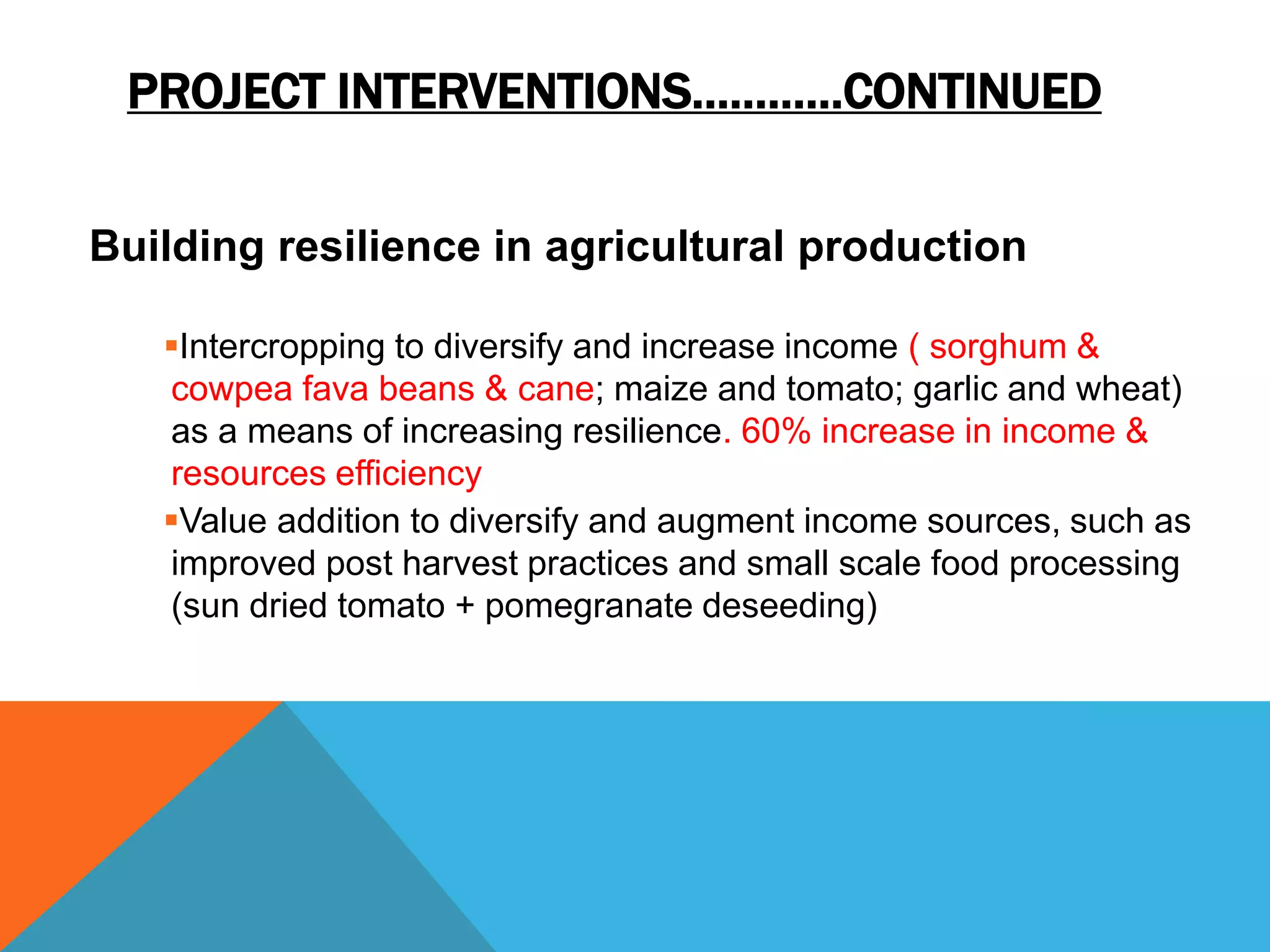 PROJECT INTERVENTIONS…………CONTINUED
Building resilience in agricultural production
Intercropping to diversify and increase income ( sorghum &
cowpea fava beans & cane; maize and tomato; garlic and wheat)
as a means of increasing resilience. 60% increase in income &
resources efficiency
Value addition to diversify and augment income sources, such as
improved post harvest practices and small scale food processing
(sun dried tomato + pomegranate deseeding)
 