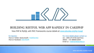 www.edureka.co/php-mysql
View PHP & MySQL with MVC Frameworks course details at www.edureka.co/php-mysql
For Queries:
Post on Twitter @edurekaIN: #askEdureka
Post on Facebook /edurekaIN
For more details please contact us:
US : 1800 275 9730 (toll free)
INDIA : +91 88808 62004
Email us : webinar@edureka.co
Building Restful Web App Rapidly in CakePHP
 