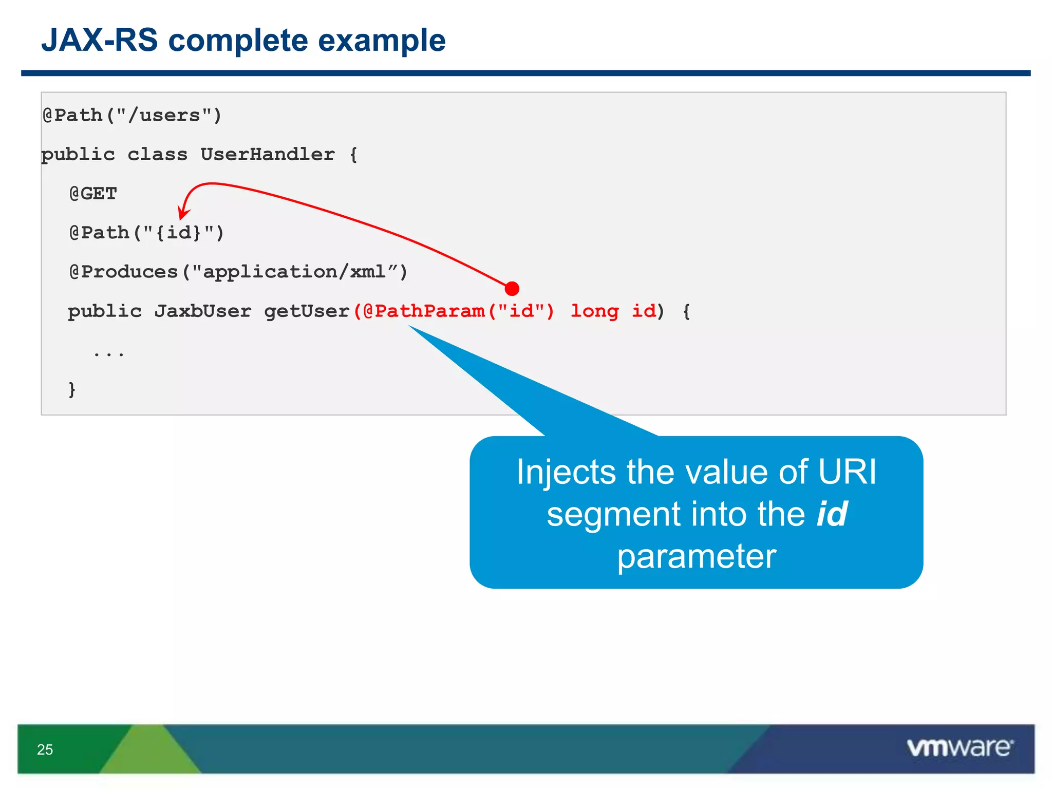 25
JAX-RS complete example
@Path("/users")
public class UserHandler {
@GET
@Path("{id}")
@Produces("application/xml”)
public JaxbUser getUser(@PathParam("id") long id) {
...
}
Injects the value of URI
segment into the id
parameter
 
