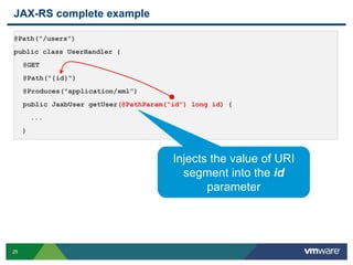 25
JAX-RS complete example
@Path("/users")
public class UserHandler {
@GET
@Path("{id}")
@Produces("application/xml”)
public JaxbUser getUser(@PathParam("id") long id) {
...
}
Injects the value of URI
segment into the id
parameter
 