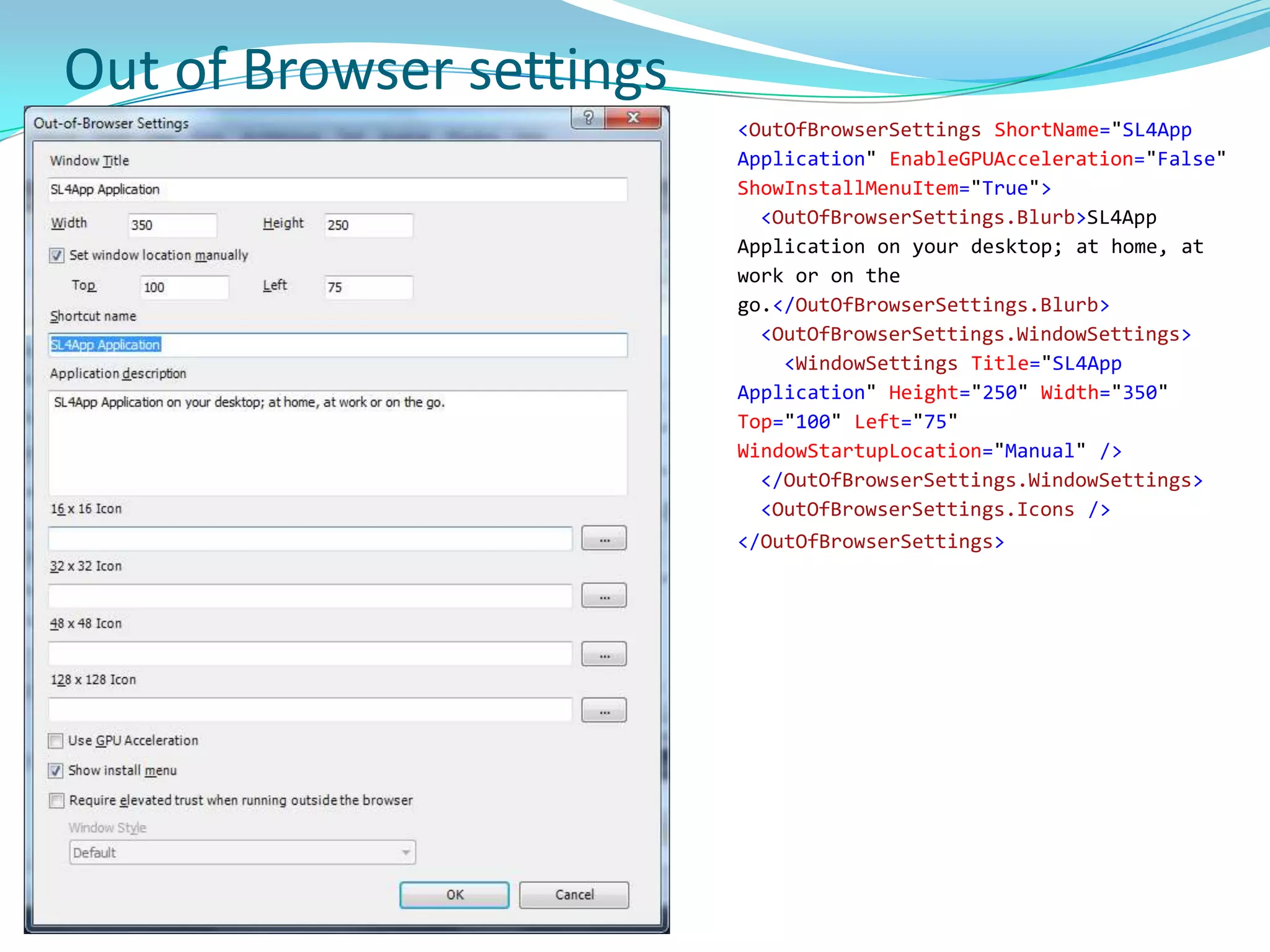 Alignment Example<StackPanel x:Name="LayoutRoot" Background="LightBlue" Height="100"><Button Height="40" Width="90" Content="Hello"></Button></StackPanel><Grid x:Name="LayoutRoot" Background="LightBlue" Height="100"><Button Height="40" Width="90" Content="Hello"HorizontalAlignment="Right"VerticalAlignment="Bottom">     </Button></Grid><Grid x:Name="LayoutRoot" Background="LightBlue" Height="130"><Button Height="120" Width="180" 	Content="Hello"></Button></Grid><Grid x:Name="LayoutRoot" Background="LightBlue" Height="130"><Button Height="120" Width="180" Content="Hello"HorizontalContentAlignment="Right"VerticalContentAlignment="Bottom"></Button></Grid>