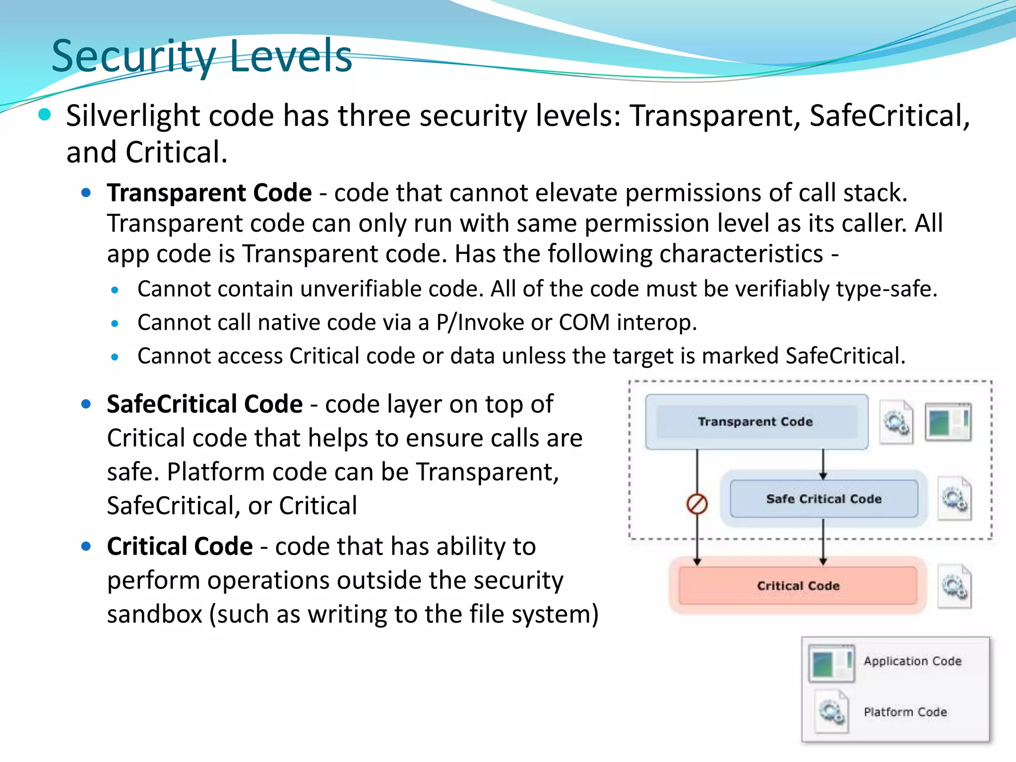 Dock PanelChild Window<controls:ChildWindow x:Class="SL4App.ChildWindow1"xmlns="http://schemas.microsoft.com/winfx/2006/xaml/presentation"xmlns:x="http://schemas.microsoft.com/winfx/2006/xaml"xmlns:controls="clr-namespace:System.Windows.Controls;assembly=System.Windows.Controls" Width="400" Height="300" Title="ChildWindow"><Grid x:Name="LayoutRoot" Margin="2"><Grid.RowDefinitions><RowDefinition /><RowDefinition Height="Auto" /></Grid.RowDefinitions> <Button x:Name="CancelButton" Content="Cancel" Click="CancelButton_Click" Width="75" Height="23"HorizontalAlignment="Right" Margin="0,12,0,0"Grid.Row="1" /><Button x:Name="OKButton" Content="OK" Click="OKButton_Click" Width="75" Height="23"HorizontalAlignment="Right" Margin="0,12,79,0"Grid.Row="1" /><StackPanelHorizontalAlignment="Center"VerticalAlignment="Center"><TextBlock>This is a child window</TextBlock><TextBox></TextBox><CheckBox>CheckBox</CheckBox></StackPanel></Grid></controls:ChildWindow>ChildWindow1 child = newChildWindow1();child.Show();