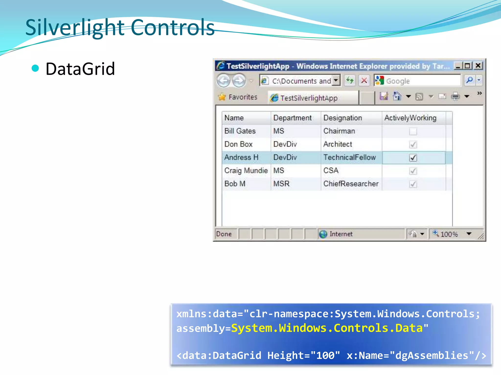 LINQ – Includes LINQ – enables to program data access using intuitive native syntax and strongly typed objects in .NET Framework languages. Which UI Platform to useThick ClientWPFXBAP (XAML Browser Apps)Win FormsThin ClientASP.NET Web FormsASP.NET AjaxASP.NET MVCASP.NET Dynamic DataRIASilverlight (with ASP.NET Web Forms)Silverlight (with ASP.NET MVC)Silverlight (with ASP.NET Web Forms/MVC + Ajax)