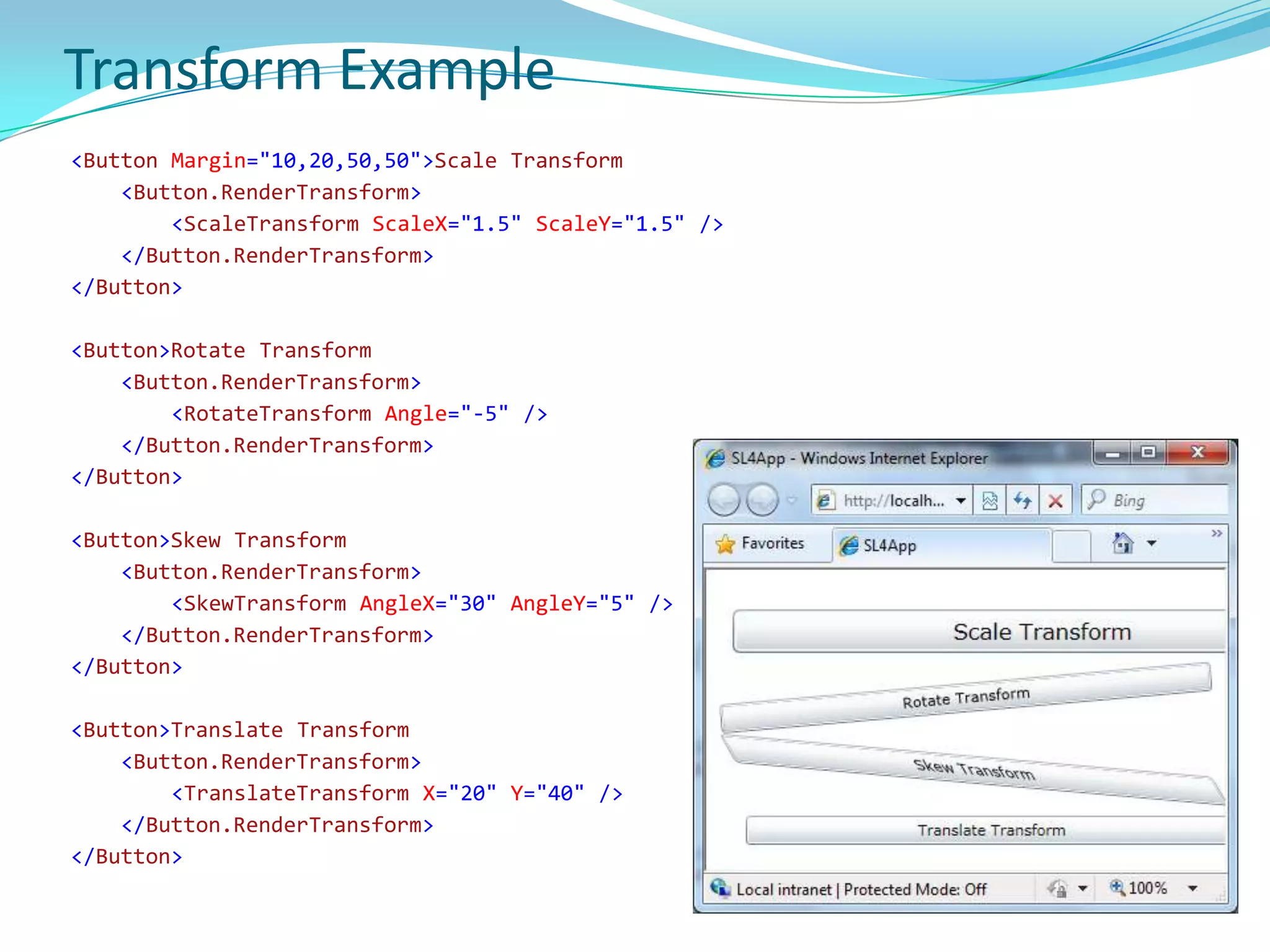 Application and Programming ModelProvides two distinct models for app development:Managed API for Silverlight - uses code running on CLR for Silverlight. Could be used with compiled languages (VB, C#) or dynamic languages such (IronPython, IronRuby)JavaScript API for Silverlight - uses JavaScript code interpreted by the browser.Both can not be used at the same time within a single instance of the Silverlight plug-in. However, you can implement a splash screen that uses the JavaScript API and then transitions to the managed API when your application has loaded. Managed API provides significantly more functionality than JavaScript API. Managed API apps have access to lightweight version of .NET Framework. JavaScript API, however, has access only to the Silverlight presentation core and the browser JavaScript engine.