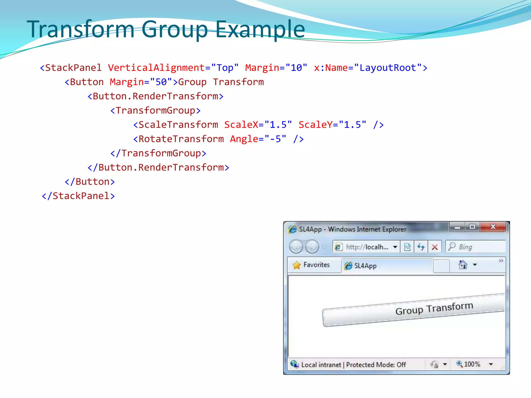 Managed Programming & Application ModelManaged API enables you to bundle managed assemblies and resource files into application package (.xap) files. Silverlight plug-in is responsible for loading an application package and extracting its contents. Application package must contain an assembly with a class derived from Application. Application class encapsulates interaction between appand the Silverlight plug-in. Also provides application lifetime events & resource management. Silverlight documentation uses “application model” to refer to application packaging and the common functionality encapsulated by the Application class. 