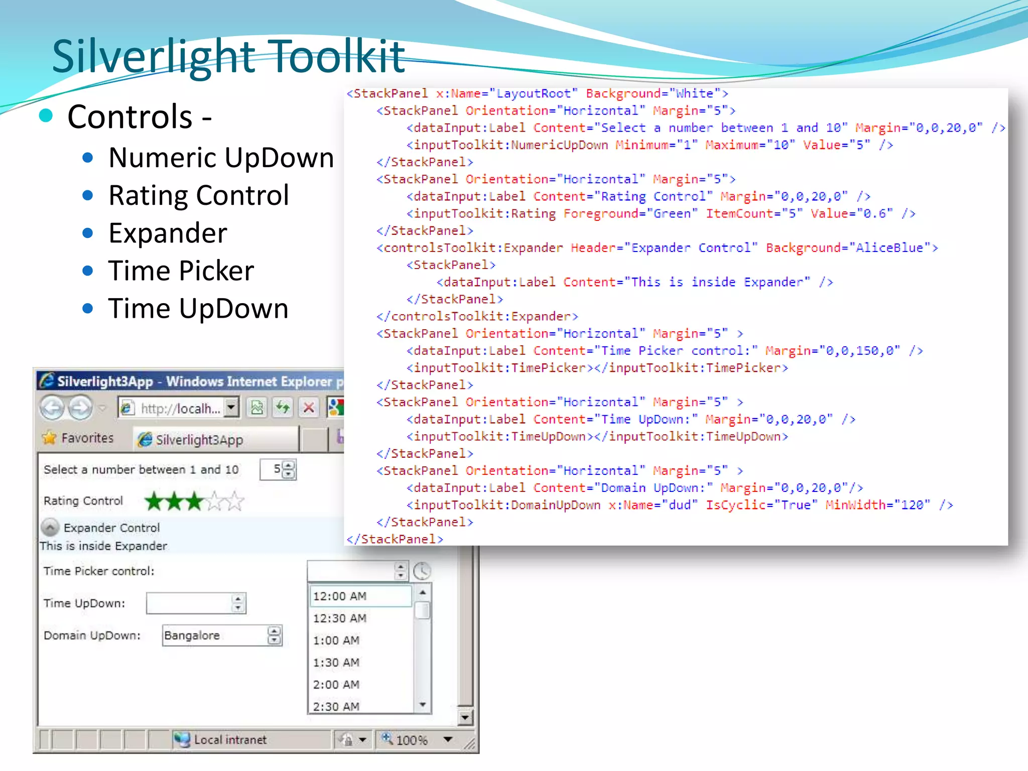 Application StructureSilverlight apps are deployed as .xap package (xaml app package)An application package is a zip file (compressed using the Deflate algorithm) that has a .xap file extension.For Silverlight-based apps using the managed API, build process generates an application package.While embedding Silverlight plug-in in web page, specify app package that the plug-in should download. Plug-in uses a manifest file in application package to identify the application class to instantiate. This class is known as the entry point of your application, and it must derive from the Application class.