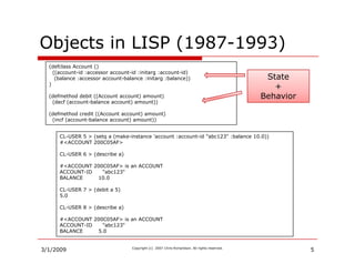 Objects in LISP (
  j             (1987-1993)
                          )
  (defclass Account ()
    ((account-id :accesso...