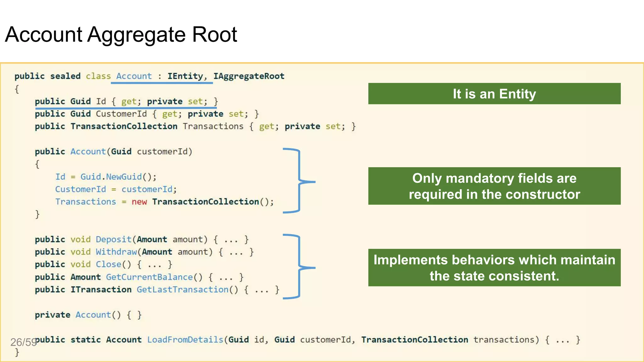 Account Aggregate Root
It is an Entity
Only mandatory fields are
required in the constructor
Implements behaviors which maintain
the state consistent.
26/59
 