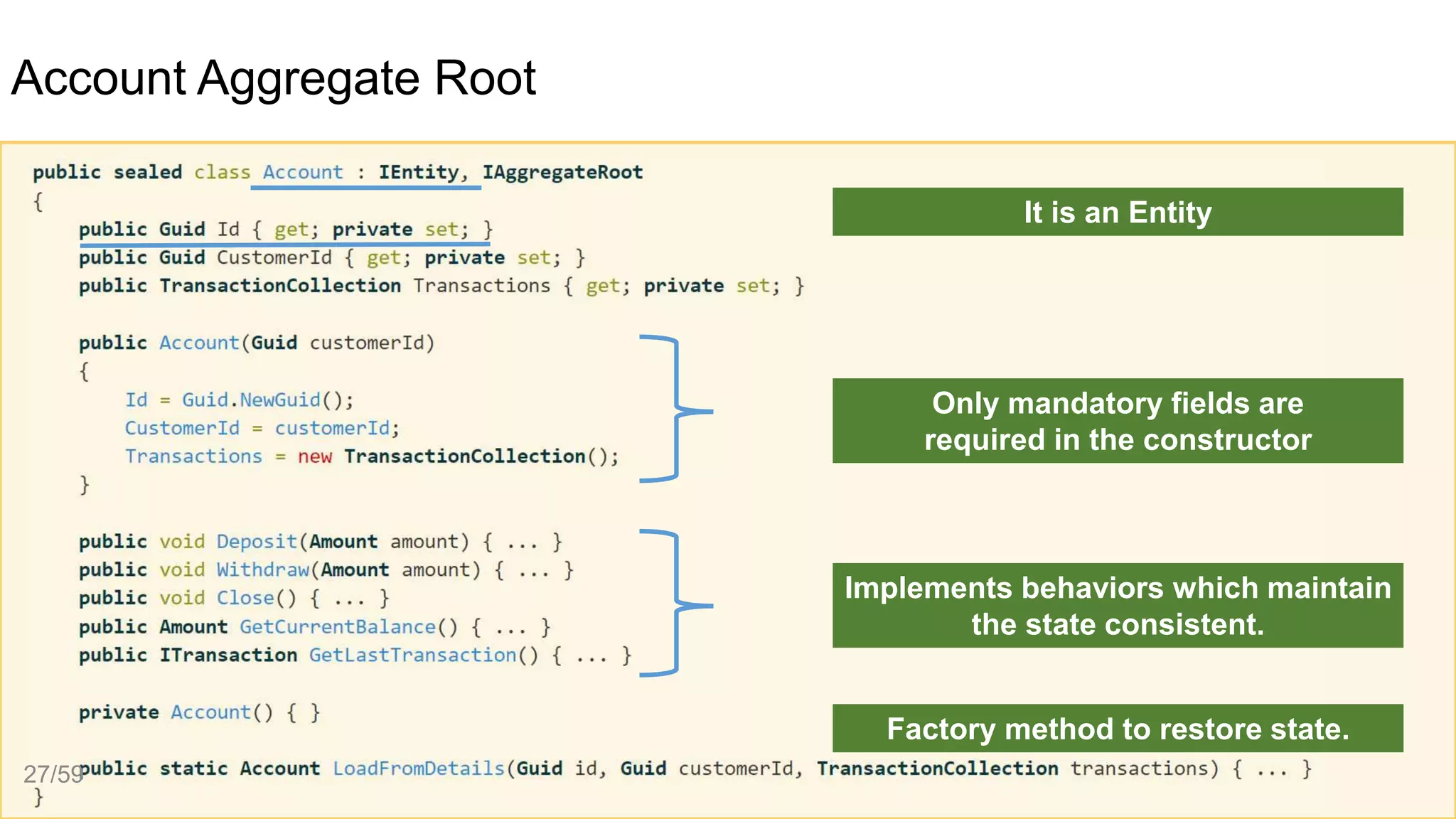 Account Aggregate Root
It is an Entity
Factory method to restore state.
Only mandatory fields are
required in the constructor
Implements behaviors which maintain
the state consistent.
27/59
 