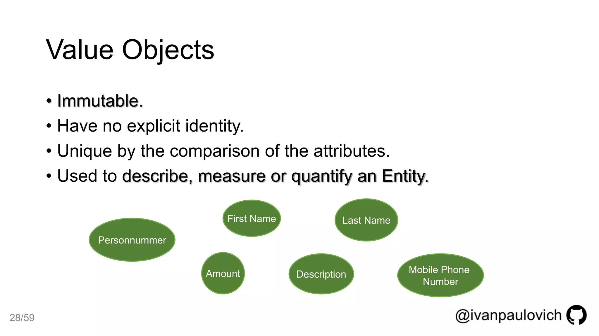 Value Objects
• Immutable.
• Have no explicit identity.
• Unique by the comparison of the attributes.
• Used to describe, measure or quantify an Entity.
First Name Last Name
Personnummer
Mobile Phone
Number
Amount Description
28/59
 