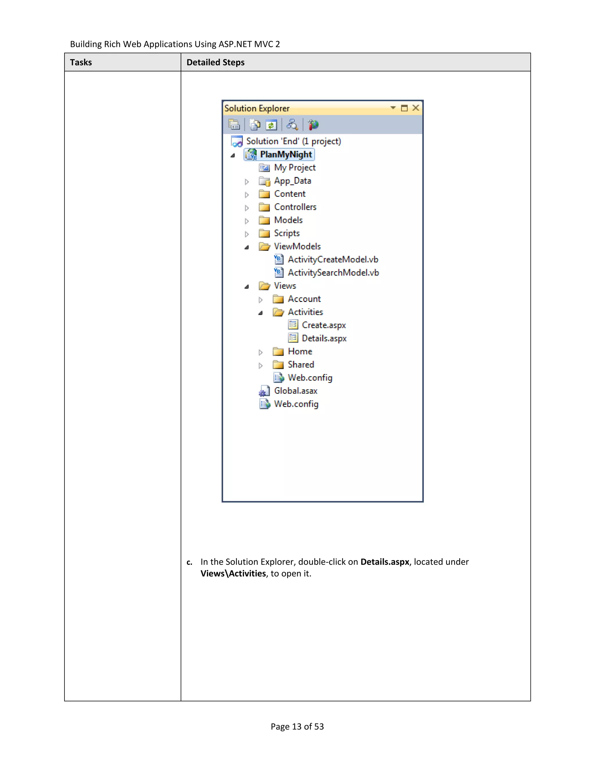 Building Rich Web Applications Using ASP.NET MVC 2
Tasks                      Detailed Steps




                           c. In the Solution Explorer, double-click on Details.aspx, located under
                               ViewsActivities, to open it.




                                                 Page 13 of 53
 