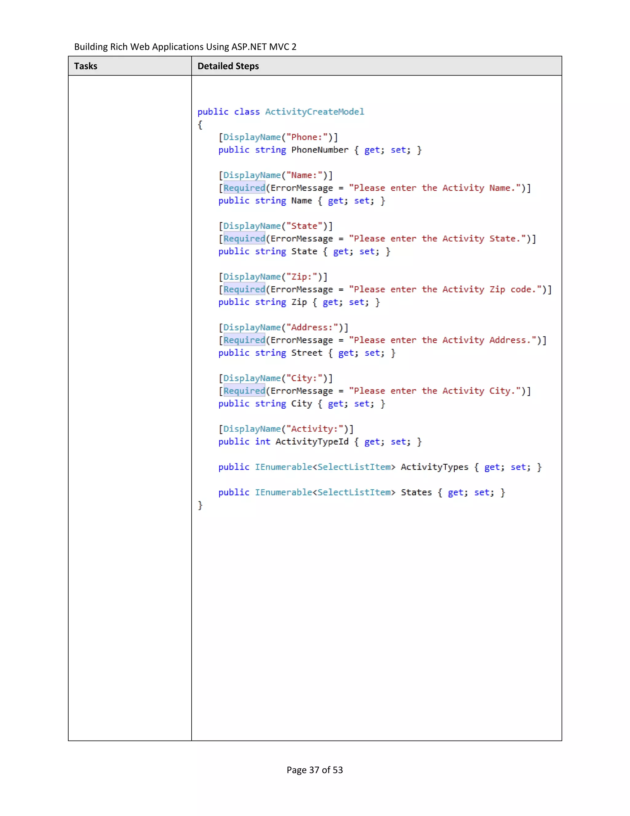 Building Rich Web Applications Using ASP.NET MVC 2
Tasks                      Detailed Steps




                                               Page 37 of 53
 