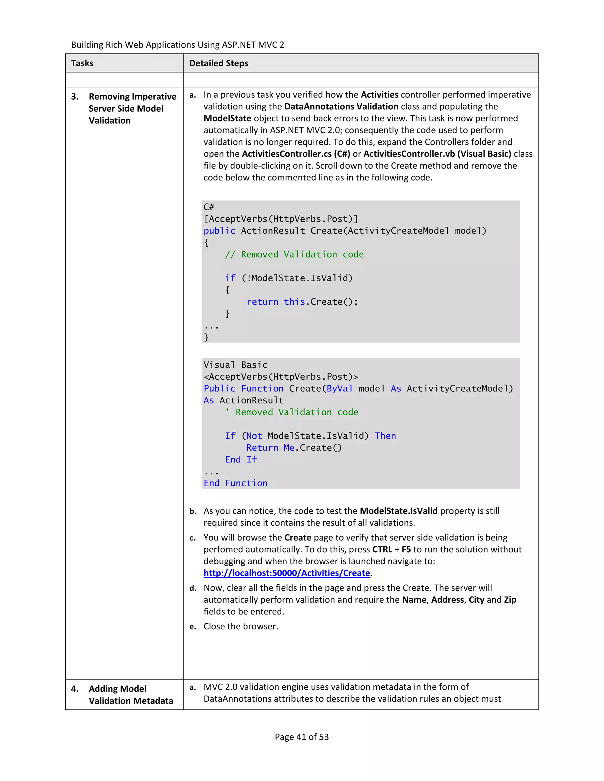 Building Rich Web Applications Using ASP.NET MVC 2
Tasks                      Detailed Steps


3.   Removing Imperative   a. In a previous task you verified how the Activities controller performed imperative
     Server Side Model         validation using the DataAnnotations Validation class and populating the
     Validation                ModelState object to send back errors to the view. This task is now performed
                               automatically in ASP.NET MVC 2.0; consequently the code used to perform
                               validation is no longer required. To do this, expand the Controllers folder and
                               open the ActivitiesController.cs (C#) or ActivitiesController.vb (Visual Basic) class
                               file by double-clicking on it. Scroll down to the Create method and remove the
                               code below the commented line as in the following code.


                               C#
                               [AcceptVerbs(HttpVerbs.Post)]
                               public ActionResult Create(ActivityCreateModel model)
                               {
                                   // Removed Validation code

                                     if (!ModelState.IsValid)
                                     {
                                         return this.Create();
                                     }
                               ...
                               }


                               Visual Basic
                               <AcceptVerbs(HttpVerbs.Post)>
                               Public Function Create(ByVal model As ActivityCreateModel)
                               As ActionResult
                                   ' Removed Validation code

                                     If (Not ModelState.IsValid) Then
                                         Return Me.Create()
                                     End If
                               ...
                               End Function


                           b. As you can notice, the code to test the ModelState.IsValid property is still
                               required since it contains the result of all validations.
                           c. You will browse the Create page to verify that server side validation is being
                               perfomed automatically. To do this, press CTRL + F5 to run the solution without
                               debugging and when the browser is launched navigate to:
                               http://localhost:50000/Activities/Create.
                           d. Now, clear all the fields in the page and press the Create. The server will
                               automatically perform validation and require the Name, Address, City and Zip
                               fields to be entered.
                           e. Close the browser.




4.   Adding Model          a. MVC 2.0 validation engine uses validation metadata in the form of
     Validation Metadata       DataAnnotations attributes to describe the validation rules an object must


                                                  Page 41 of 53
 