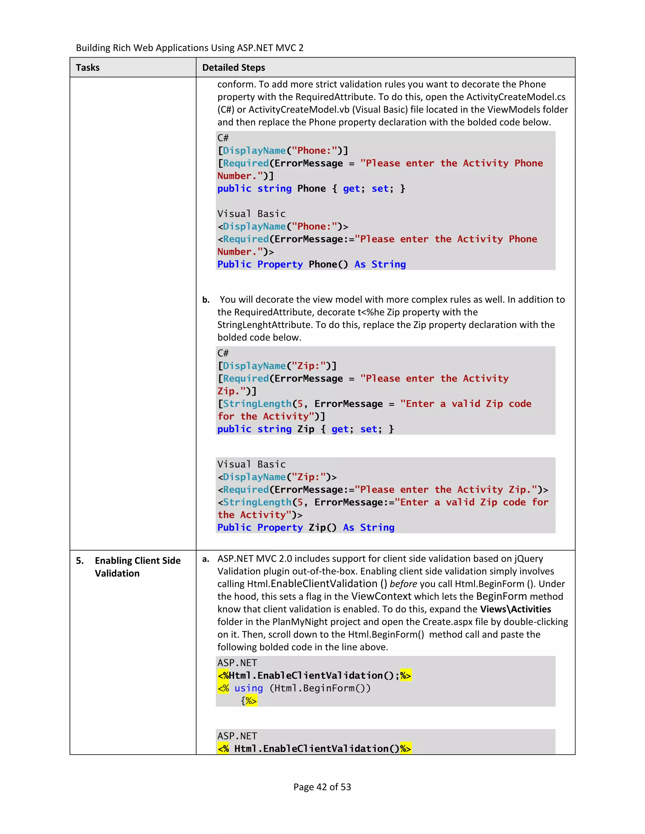 Building Rich Web Applications Using ASP.NET MVC 2
Tasks                       Detailed Steps
                                 conform. To add more strict validation rules you want to decorate the Phone
                                 property with the RequiredAttribute. To do this, open the ActivityCreateModel.cs
                                 (C#) or ActivityCreateModel.vb (Visual Basic) file located in the ViewModels folder
                                 and then replace the Phone property declaration with the bolded code below.
                                 C#
                                 [DisplayName("Phone:")]
                                 [Required(ErrorMessage = "Please enter the Activity Phone
                                 Number.")]
                                 public string Phone { get; set; }

                                 Visual Basic
                                 <DisplayName("Phone:")>
                                 <Required(ErrorMessage:="Please enter the Activity Phone
                                 Number.")>
                                 Public Property Phone() As String


                            b.    You will decorate the view model with more complex rules as well. In addition to
                                 the RequiredAttribute, decorate t<%he Zip property with the
                                 StringLenghtAttribute. To do this, replace the Zip property declaration with the
                                 bolded code below.
                                 C#
                                 [DisplayName("Zip:")]
                                 [Required(ErrorMessage = "Please enter the Activity
                                 Zip.")]
                                 [StringLength(5, ErrorMessage = "Enter a valid Zip code
                                 for the Activity")]
                                 public string Zip { get; set; }


                                 Visual Basic
                                 <DisplayName("Zip:")>
                                 <Required(ErrorMessage:="Please enter the Activity Zip.")>
                                 <StringLength(5, ErrorMessage:="Enter a valid Zip code for
                                 the Activity")>
                                 Public Property Zip() As String


5.   Enabling Client Side   a. ASP.NET MVC 2.0 includes support for client side validation based on jQuery
     Validation                  Validation plugin out-of-the-box. Enabling client side validation simply involves
                                 calling Html.EnableClientValidation () before you call Html.BeginForm (). Under
                                 the hood, this sets a flag in the ViewContext which lets the BeginForm method
                                 know that client validation is enabled. To do this, expand the ViewsActivities
                                 folder in the PlanMyNight project and open the Create.aspx file by double-clicking
                                 on it. Then, scroll down to the Html.BeginForm() method call and paste the
                                 following bolded code in the line above.
                                 ASP.NET
                                 <%Html.EnableClientValidation();%>
                                 <% using (Html.BeginForm())
                                     {%>


                                 ASP.NET
                                 <% Html.EnableClientValidation()%>



                                                  Page 42 of 53
 