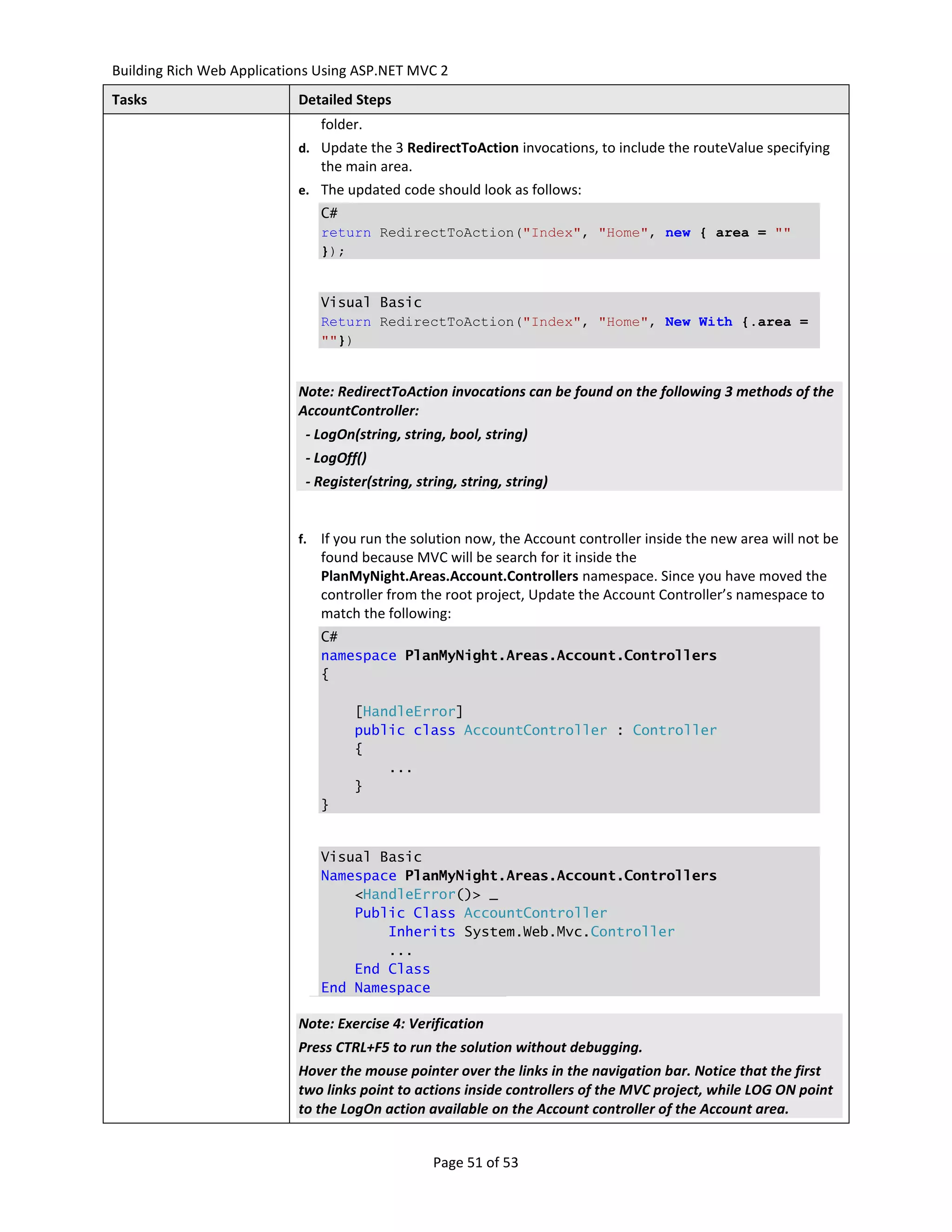 Building Rich Web Applications Using ASP.NET MVC 2
Tasks                      Detailed Steps
                                folder.
                           d. Update the 3 RedirectToAction invocations, to include the routeValue specifying
                                the main area.
                           e. The updated code should look as follows:
                                C#
                                return RedirectToAction("Index", "Home", new { area = ""
                                });


                                Visual Basic
                                Return RedirectToAction("Index", "Home", New With {.area =
                                ""})


                           Note: RedirectToAction invocations can be found on the following 3 methods of the
                           AccountController:
                            - LogOn(string, string, bool, string)
                            - LogOff()
                            - Register(string, string, string, string)


                           f.   If you run the solution now, the Account controller inside the new area will not be
                                found because MVC will be search for it inside the
                                PlanMyNight.Areas.Account.Controllers namespace. Since you have moved the
                                controller from the root project, Update the Account Controller’s namespace to
                                match the following:
                                C#
                                namespace PlanMyNight.Areas.Account.Controllers
                                {

                                     [HandleError]
                                     public class AccountController : Controller
                                     {
                                         ...
                                     }
                                }


                                Visual Basic
                                Namespace PlanMyNight.Areas.Account.Controllers
                                    <HandleError()> _
                                    Public Class AccountController
                                        Inherits System.Web.Mvc.Controller
                                        ...
                                    End Class
                                End Namespace

                           Note: Exercise 4: Verification
                           Press CTRL+F5 to run the solution without debugging.
                           Hover the mouse pointer over the links in the navigation bar. Notice that the first
                           two links point to actions inside controllers of the MVC project, while LOG ON point
                           to the LogOn action available on the Account controller of the Account area.


                                                  Page 51 of 53
 
