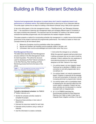 Building a Risk Tolerant Schedule 
Technical and programmatic disruptions in project plans don’t need to negatively impact cost, 
performance or schedule metrics. But traditional approaches to planning are not an adequate defense. 
This white paper outlines the six steps for building a risk-tolerant schedule using a field proven approach. 
In two prior white papers in this risk management series — “Risk/Opportunity” and “Managing Schedule 
Risk” — the importance of planning risk management tasks and managing different types of uncertainty in 
the project schedule was presented. This approach lays the foundation for building a risk tolerant project 
schedule that identifies programmatic risk and implements the needed mitigation activities. 
This paper presents a method for incorporating schedule risk management in a visible manner that provides 
governance of the project’s technical and programmatic performance. This method is based on three core 
concepts shared by all risk–tolerant plans: 
1. Measures of progress must be quantitative rather than qualitative, 
2. Normal and foreseen risk handling must be explicitly visible in the plan, and 
3. Unforeseen risks must be acknowledged and actions taken when they occur. 
Risk Management Structure 
The table below describes the Risk Management 
structure defined in the Risk Management Guide 
for DoD Acquisition. This will be the structure 
used for developing the Risk Tolerant schedule. It 
is the Risk Planning, Risk Handling and Risk 
Monitoring process that forms the basis of this 
article. 
Table 1. – 7 risk management process areas form the 
basis of an integrated management approach 
To build a risk-tolerant schedule, the PMBOK 
3rd Edition instructs us to: 
! Identify the schedule activities needed to 
complete the project. 
! Sequence these activities in their order of 
dependency. 
! Estimate the resources needed for each task. 
! Estimate activity durations using a variety of 
methods. 
! Use this information to create a schedule. 
! And control the changes to our schedule. 
While this approach appears well grounded since 
it defines processes that can be used to build the 
schedule, it fails to address the core weakness of 
most planning process by not specifically 
designed to be Risk Tolerant in four ways: 
1. It is activity–based, not risk mitigation based. 
Technical risk is identified in PMBOK, but its 
connection to and with programmatic risk is 
not defined. [1] 
2. It is activity–based, not maturity assessment 
based. Progress is measured as the passage 
of time and consumption of resources, not the 
increasing technical or programmatic maturity. 
3. It is activity–based, with no quantitative basis 
of assessing the risk reduction effort from the 
current state to completion. Explicit risk buy-down 
activities are not discussed in a manner 
consistent with an integrated plan. 
4. §11.5.2 of PMBOK describes the 
recommended activities for Risk Response 
Planning, but it fails to make it clear how to 
integrate these mitigation activities in the plan. 
 