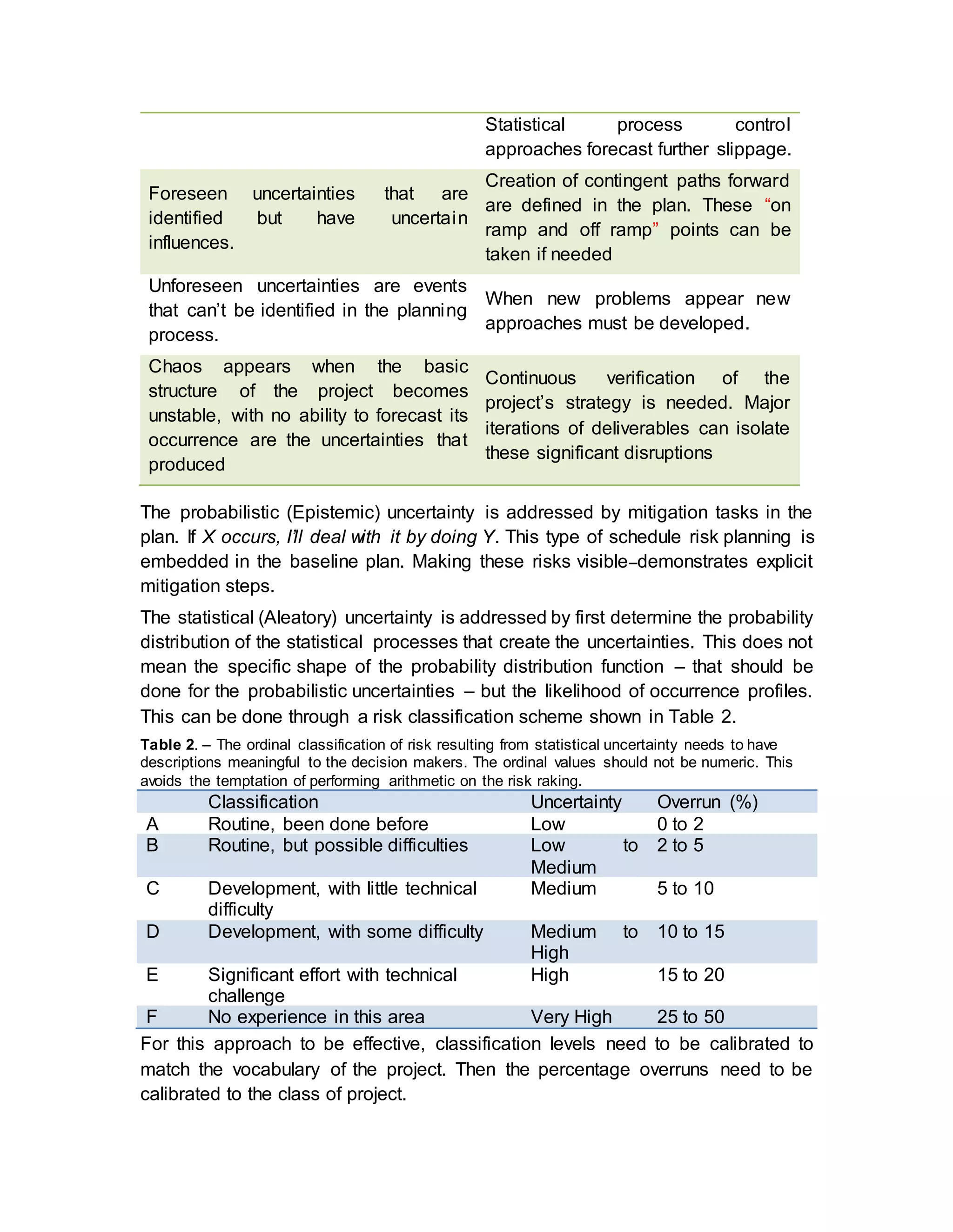 The probabilistic (Epistemic) uncertainty is addressed by mitigation tasks in the
plan. If X occurs, I’ll deal with it by doing Y. This type of schedule risk planning is
embedded in the baseline plan. Making these risks visible demonstrates explicit
mitigation steps.
The statistical (Aleatory) uncertainty is addressed by first determine the probability
distribution of the statistical processes that create the uncertainties. This does not
mean the specific shape of the probability distribution function ‒ that should be
done for the probabilistic uncertainties ‒ but the likelihood of occurrence profiles.
This can be done through a risk classification scheme shown in Table 2.
Table 2. – The ordinal classification of risk resulting from statistical uncertainty needs to have
descriptions meaningful to the decision makers. The ordinal values should not be numeric. This
avoids the temptation of performing arithmetic on the risk raking.
Classification Uncertainty Overrun (%)
A Routine, been done before Low 0 to 2
B Routine, but possible difficulties Low to
Medium
2 to 5
C Development, with little technical
difficulty
Medium 5 to 10
D Development, with some difficulty Medium to
High
10 to 15
E Significant effort with technical
challenge
High 15 to 20
F No experience in this area Very High 25 to 50
For this approach to be effective, classification levels need to be calibrated to
match the vocabulary of the project. Then the percentage overruns need to be
calibrated to the class of project.
Statistical process control
approaches forecast further slippage.
Foreseen uncertainties that are
identified but have uncertain
influences.
Creation of contingent paths forward
are defined in the plan. These “on
ramp and off ramp” points can be
taken if needed
Unforeseen uncertainties are events
that can’t be identified in the planning
process.
When new problems appear new
approaches must be developed.
Chaos appears when the basic
structure of the project becomes
unstable, with no ability to forecast its
occurrence are the uncertainties that
produced
Continuous verification of the
project’s strategy is needed. Major
iterations of deliverables can isolate
these significant disruptions
 
