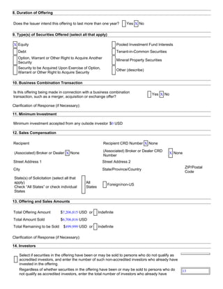 8. Duration of Offering
Does the Issuer intend this offering to last more than one year? Yes X No
9. Type(s) of Securities Offered (select all that apply)
X Equity Pooled Investment Fund Interests
Debt Tenant­in­Common Securities
Option, Warrant or Other Right to Acquire Another
Security
Mineral Property Securities
Security to be Acquired Upon Exercise of Option,
Warrant or Other Right to Acquire Security
Other (describe)
10. Business Combination Transaction
Is this offering being made in connection with a business combination
transaction, such as a merger, acquisition or exchange offer?
Yes X No
Clarification of Response (if Necessary):
11. Minimum Investment
Minimum investment accepted from any outside investor $0 USD
12. Sales Compensation
Recipient Recipient CRD Number X None
(Associated) Broker or Dealer X None
(Associated) Broker or Dealer CRD
Number
X None
Street Address 1 Street Address 2
City State/Province/Country
ZIP/Postal
Code
State(s) of Solicitation (select all that
apply)
Check “All States” or check individual
States
All
States
Foreign/non­US
13. Offering and Sales Amounts
Total Offering Amount $7,206,815 USD or Indefinite
Total Amount Sold $6,706,816 USD
Total Remaining to be Sold $499,999 USD or Indefinite
Clarification of Response (if Necessary):
14. Investors
Select if securities in the offering have been or may be sold to persons who do not qualify as
accredited investors, and enter the number of such non­accredited investors who already have
invested in the offering.
Regardless of whether securities in the offering have been or may be sold to persons who do
not qualify as accredited investors, enter the total number of investors who already have
13
 