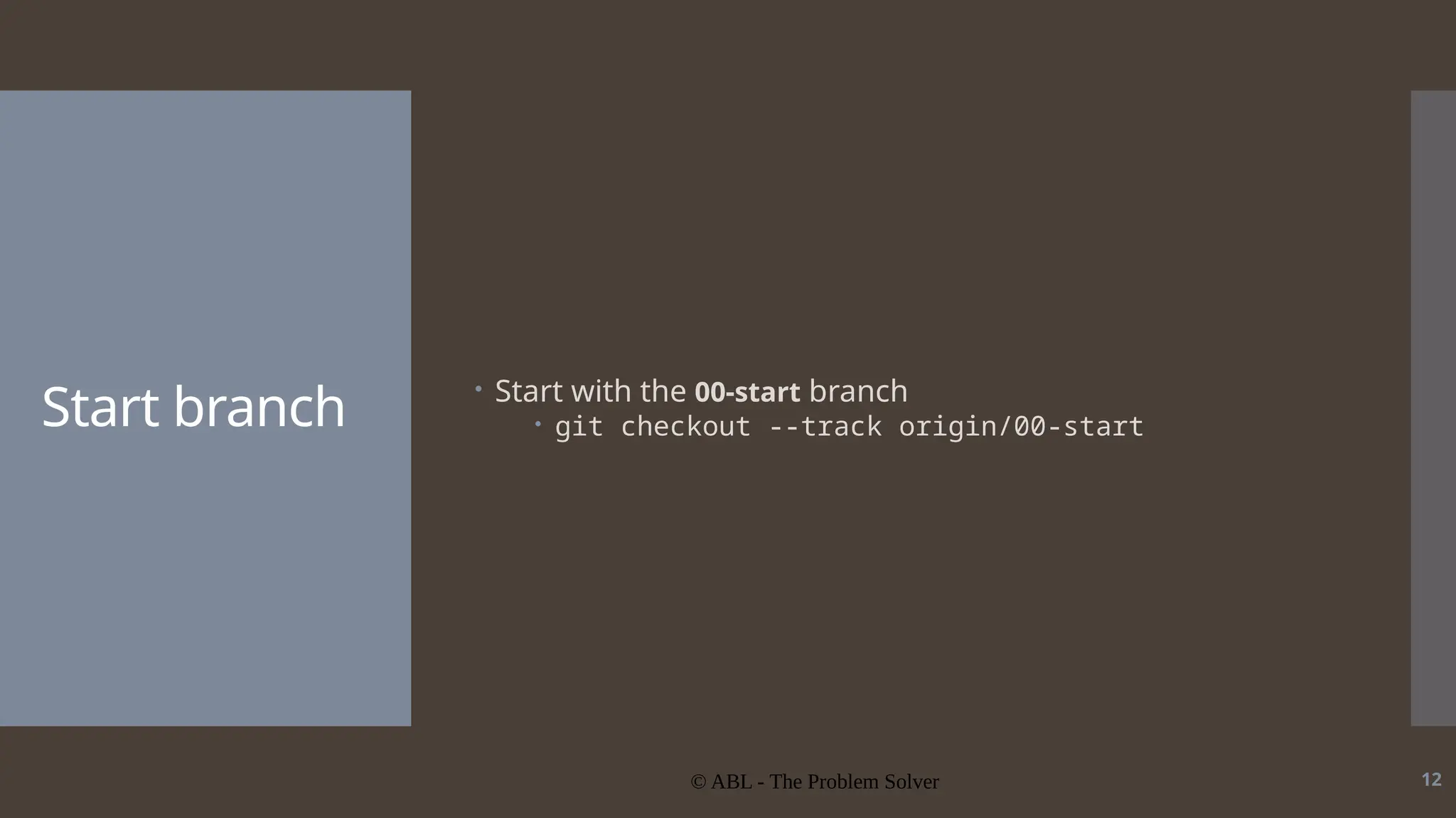 © ABL - The Problem Solver 12 Start branch  Start with the 00-start branch  git checkout --track origin/00-start 