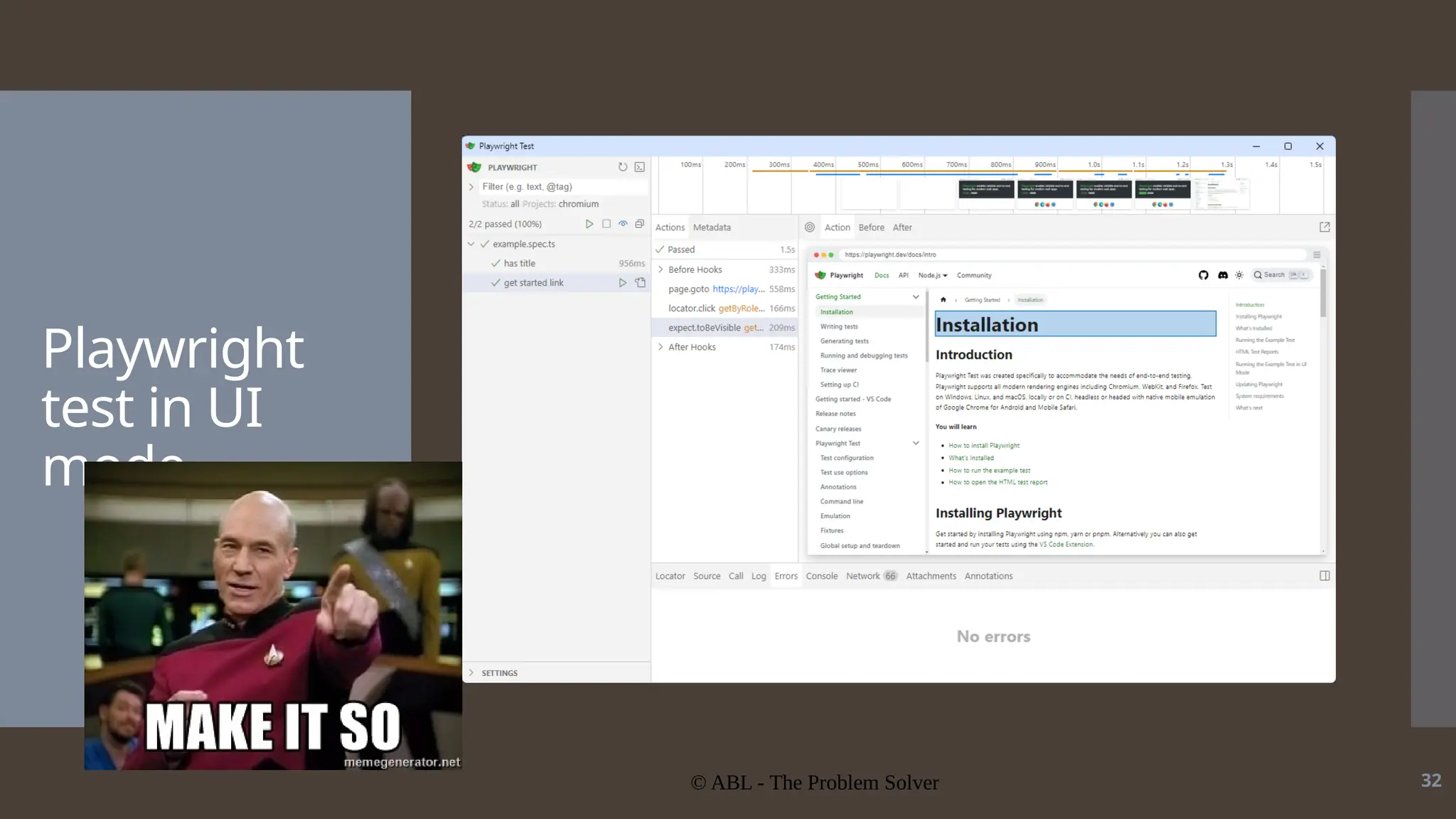 © ABL - The Problem Solver 32 Playwright test in UI mode 