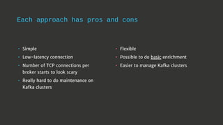 Each approach has pros and cons
• Simple
• Low-latency connection
• Number of TCP connections per
broker starts to look scary
• Really hard to do maintenance on
Kafka clusters
• Flexible
• Possible to do basic enrichment
• Easier to manage Kafka clusters
 