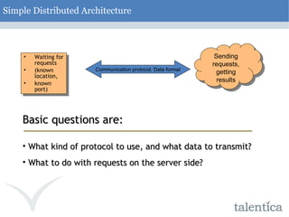 Simple Distributed Architecture Waiting for requests (known location, known port) Communication protocol, Data format Sending requests, getting results Basic questions are: What kind of protocol to use, and what data to transmit? What to do with requests on the server side? 