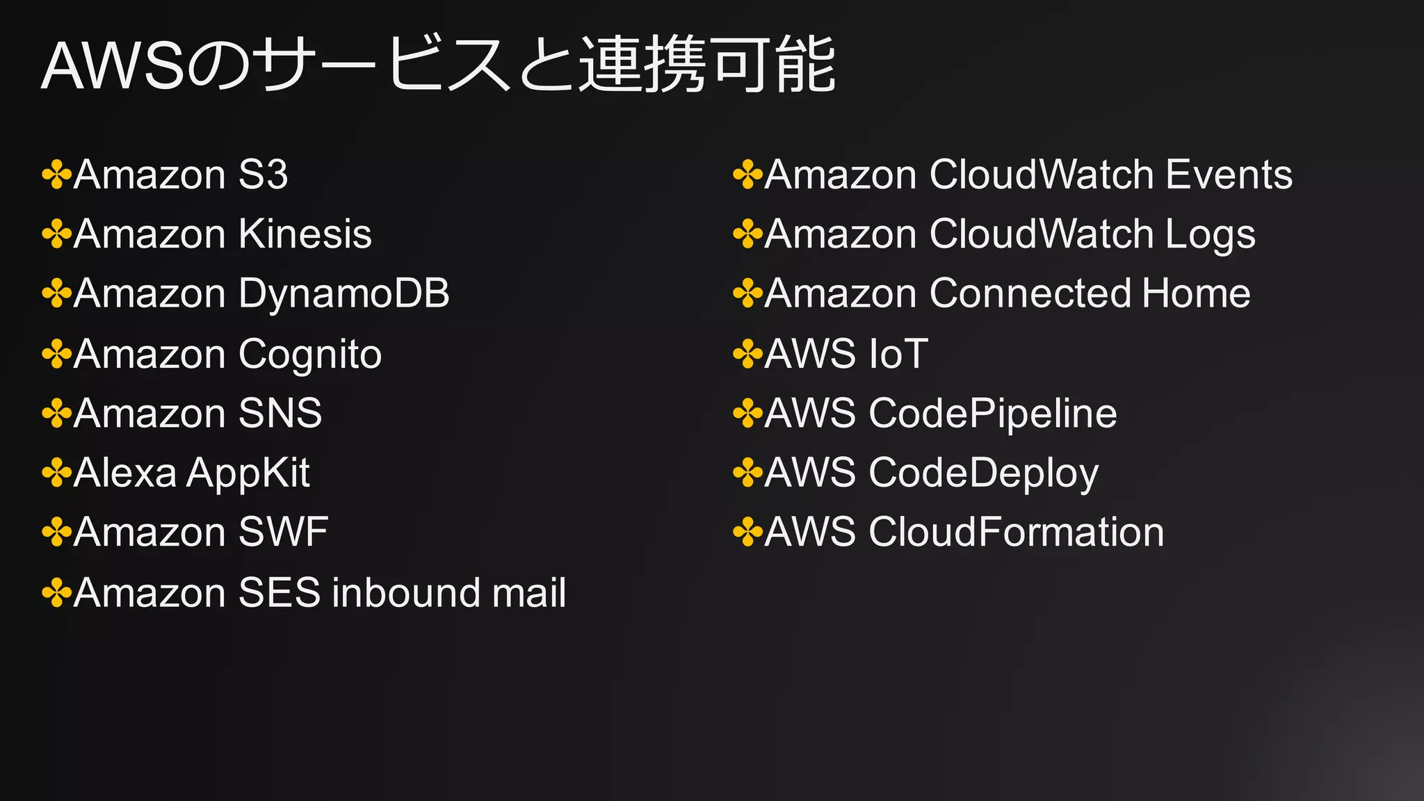 AWSのサービスと連携可能
✤Amazon S3
✤Amazon Kinesis
✤Amazon DynamoDB
✤Amazon Cognito
✤Amazon SNS
✤Alexa AppKit
✤Amazon SWF
✤Amazon SES inbound mail
✤Amazon CloudWatch Events
✤Amazon CloudWatch Logs
✤Amazon Connected Home
✤AWS IoT
✤AWS CodePipeline
✤AWS CodeDeploy
✤AWS CloudFormation
 