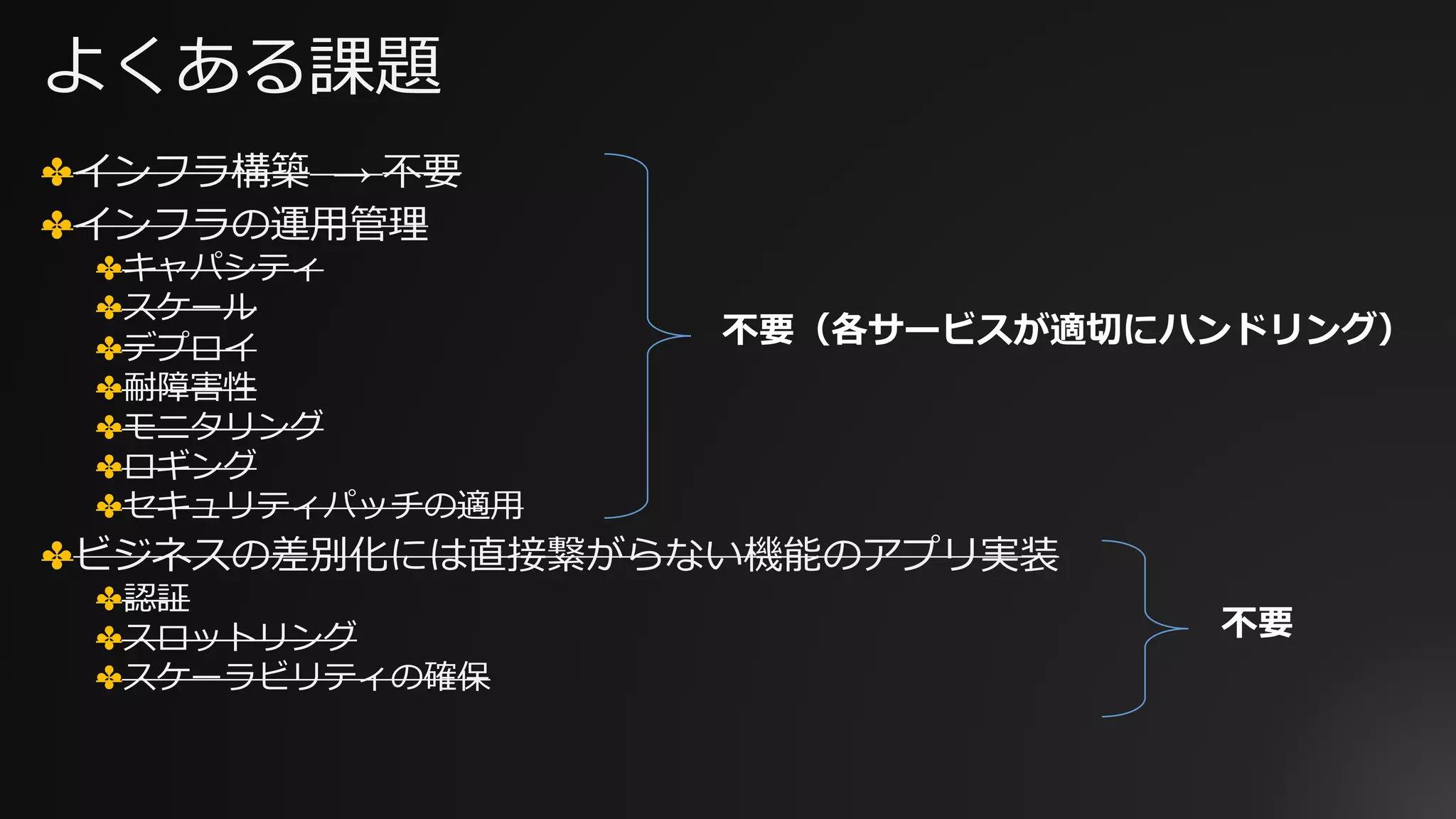 よくある課題
✤インフラ構築 → 不要
✤インフラの運⽤管理
✤キャパシティ
✤スケール
✤デプロイ
✤耐障害性
✤モニタリング
✤ロギング
✤セキュリティパッチの適⽤
✤ビジネスの差別化には直接繋がらない機能のアプリ実装
✤認証
✤スロットリング
✤スケーラビリティの確保
不要（各サービスが適切にハンドリング）
不要
 