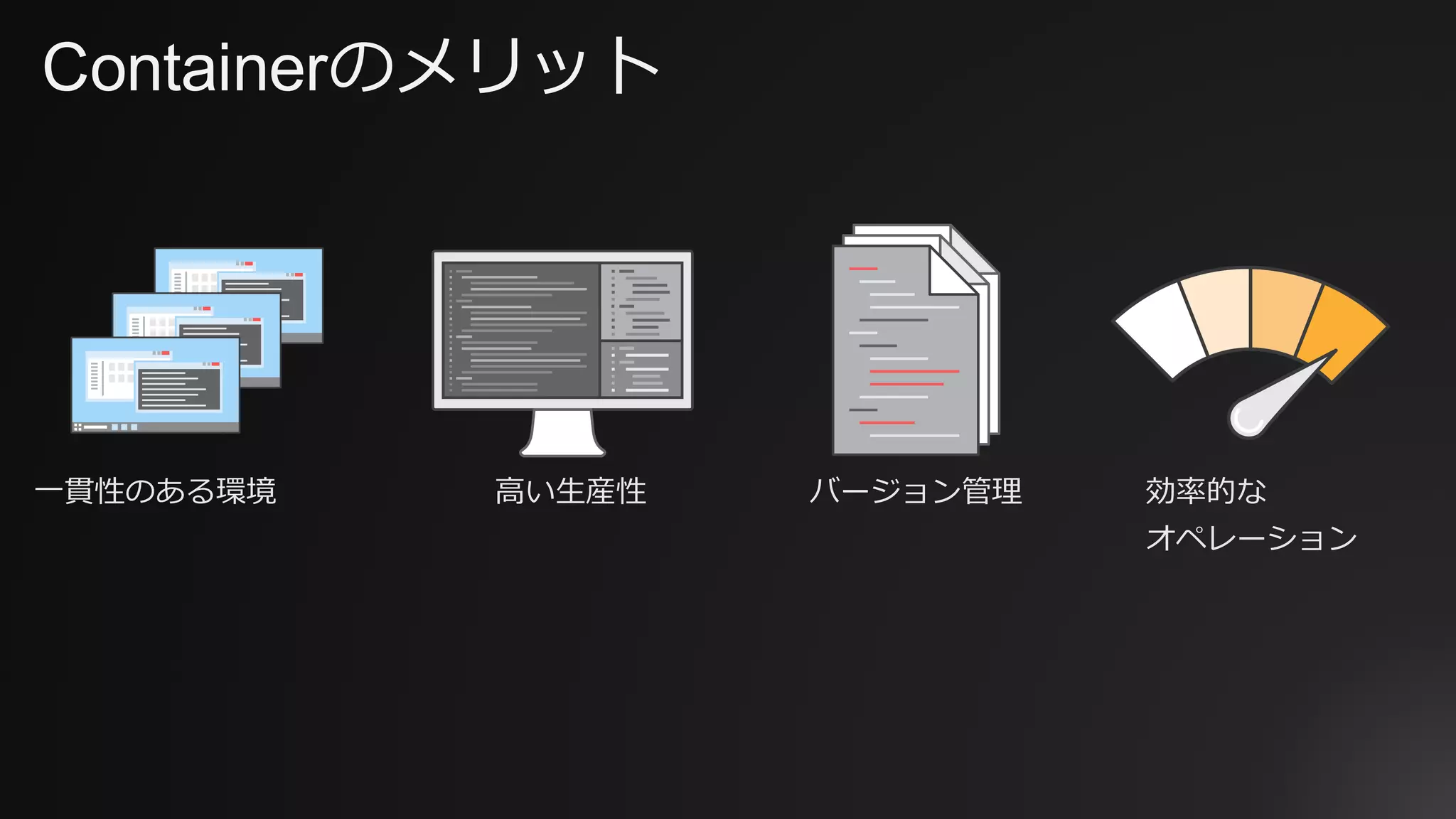 Containerのメリット
⼀貫性のある環境 ⾼い⽣産性 バージョン管理 効率的な
オペレーション
 