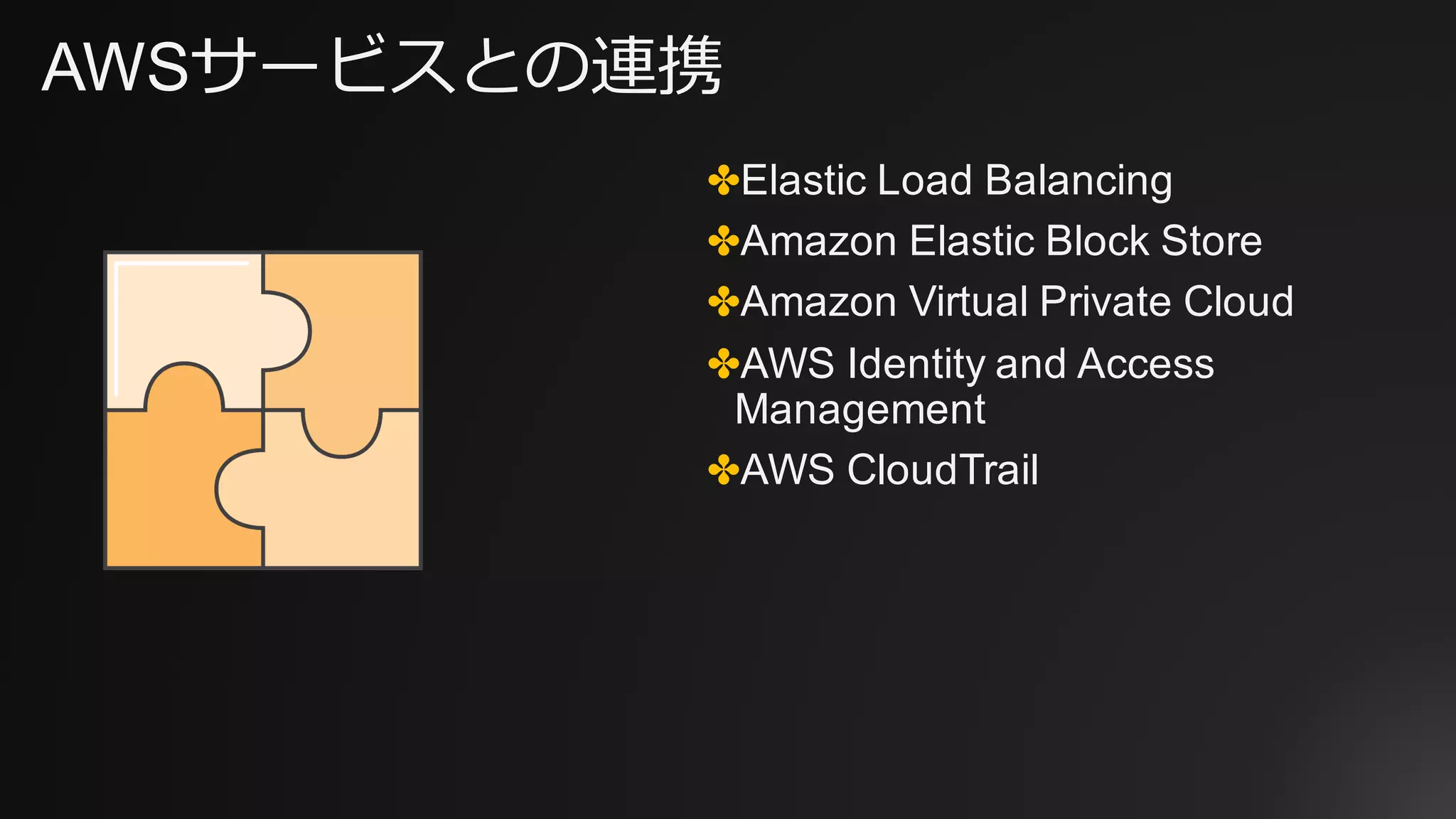 AWSサービスとの連携
✤Elastic Load Balancing
✤Amazon Elastic Block Store
✤Amazon Virtual Private Cloud
✤AWS Identity and Access
Management
✤AWS CloudTrail
 
