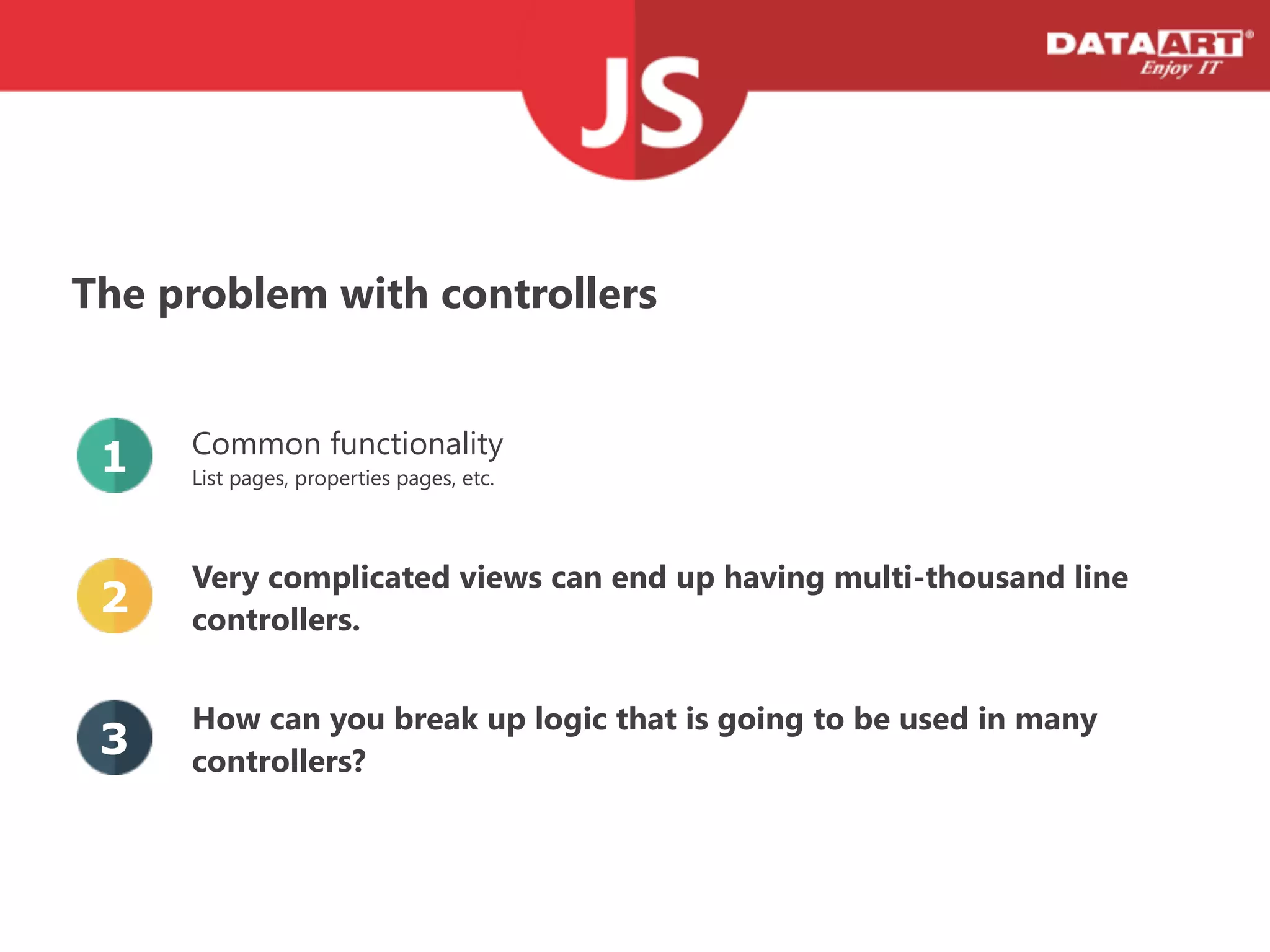 The problem with controllers
Common functionality
List pages, properties pages, etc.
1
Very complicated views can end up having multi-thousand line
controllers.
2
How can you break up logic that is going to be used in many
controllers?
3
 