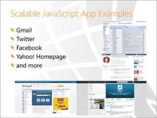 Scalable JavaScript App Examples
Gmail
Twitter
Facebook
Yahoo! Homepage
and more

 