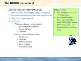 Eliminate database bottlenecks – a questions of alternativesSolving the database bottleneck requires changeDifference approaches offers various degree of changeDatabase clusters-   read-only databasesRequires significant data access design changesDoes not improve performance In Memory DataGrid – Change at the application data not the databaseMemcache – Small change/Small valuefairly limited not transactional, doesn’t support SQL query, non clusteredGoogle App Engine Persistency (On top of Big Table)Provides standard JPA access (Smaller change)Many model limitationsDoes not provide database integration into existing modelApplication Partitioning (several different databases for the same application)Requires significant data access design changesNeed to synchronize between the databases for transactional integrity