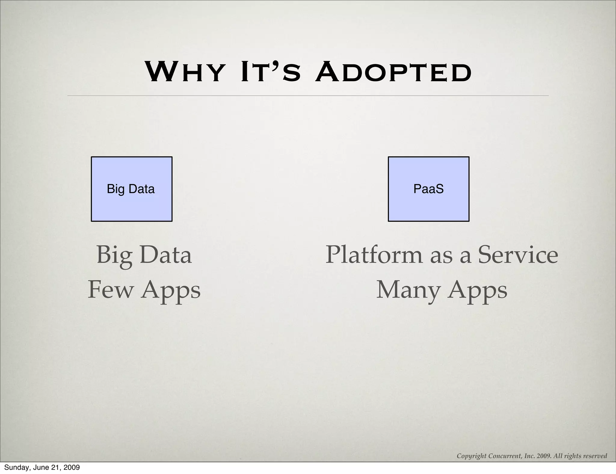 Why It’s Adopted

                         Big Data             PaaS




                         Big Data      Platform as a Service
                        Few Apps            Many Apps




                                                     Copyright Concurrent, Inc. 2009. All rights reserved
Sunday, June 21, 2009
 