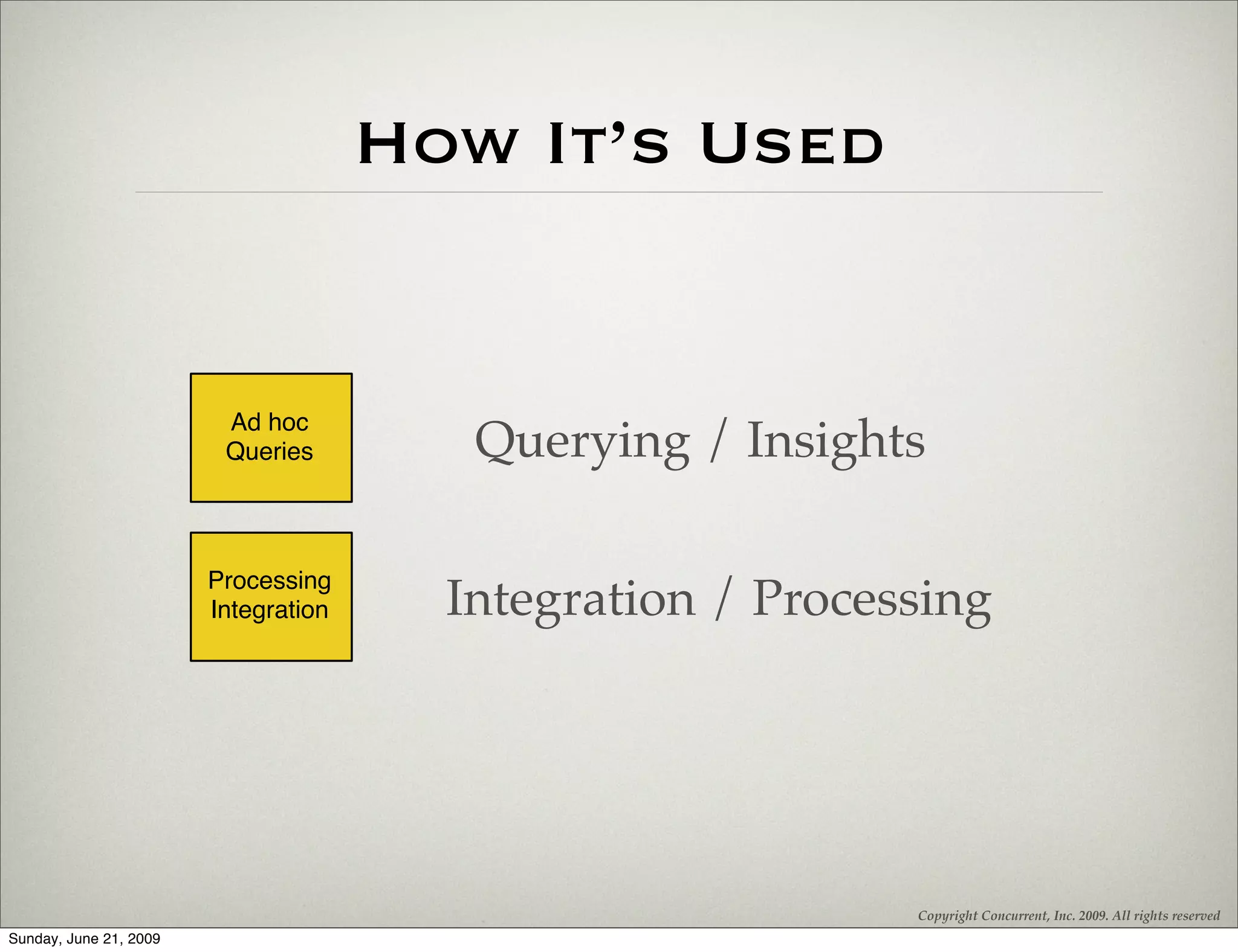 How It’s Used


                         Ad hoc
                         Queries         Querying / Insights

                        Processing
                        Integration     Integration / Processing




                                                            Copyright Concurrent, Inc. 2009. All rights reserved
Sunday, June 21, 2009
 