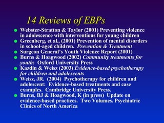 Webster-Stratton & Taylor (2001)  Preventing violence in adolescence with interventions for young children Greenberg, et al., (2001) Prevention of mental disorders in school-aged children.  Prevention & Treatment Surgeon General’s Youth Violence Report (2001) Burns & Hoagwood (2002)  Community treatments for youth :  Oxford University Press Kazdin & Weisz (2003)  Evidence-based   psychotherapy for children and adolescents  Weisz, JR.  (2004)  Psychotherapy for children and adolescent:  Evidence-based treatments and case examples.  Cambridge University Press. Burns, BJ & Hoagwood, K (in press)  Update on evidence-based practices.  Two Volumes. Psychiatric Clinics of North America 14 Reviews of EBPs 