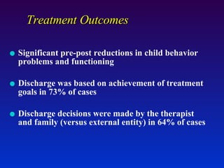 Treatment Outcomes Significant pre-post reductions in child behavior problems and functioning Discharge was based on achievement of treatment goals in 73% of cases Discharge decisions were made by the therapist and family (versus external entity) in 64% of cases 