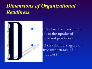 Dimensions of Organizational Readiness What factors are considered important to the uptake of evidence-based practices?  Do all stakeholders agree on the relative importance of specific factors?  