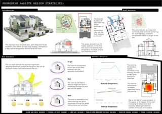 PROPOSING PASSIVE DESIGN STRATEGIES.
Sun Analysis
Due to the lack of cross ventilation in
the space, air is trapped in the room
increasing its temperature and
humidity, affecting the thermal
comfort of the user in the space.
10 am
The room is not exposed
to sun due to the other
bedroom and the
opposite house aback.
2pm
The room is exposed to
direct sunlight and heat is
transferred through the roof
and into the space.
6pm
The room is exposed to the
direct evening sun which
penetrates through the glass
sliding doors and windows.
The space selected was the
master bedroom on the 2nd
ﬂoor due to its relatively high
temperature, humidity, and its
poor thermal comfort.
The wind direction is mostly from
north east. Due to the site bordering
the SILK highway, unwanted
compressed hot air is caught on the
site.
The selected site is a double story semi-detached house
located in Twin Palms, Sungai Long, Kajang, orientated in
a way that the longitudinal section faces the north.
Wind Analysis
Thermal Analysis
Introduction
The sun path refers to the apparent signiﬁcant
seasonal-and-hourly positional changes of the sun as
the Earth rotates, and orbits around the sun.
The facades
faces south
east within the
dense
landscape of
the
surrounding
hills, with the
SILK highway
on its west.
External Temperature
Internal Temperature
CHEW JIA CHEN 0322852 | FOONG LIH WEY 0322687 | LIEW JIN 0318449 | PABLO IDRIS MENDEZ CUEVAS 0321895 | TANG ZE ZHENG 0318967 | YONG YU JOON 0318229
12 PM 2PM 6PM
The external
temperature
rapidly
increased in the
morning and has
a major drop
during the
evenings
The internal
temperature
increases
especially during
the evening.
 