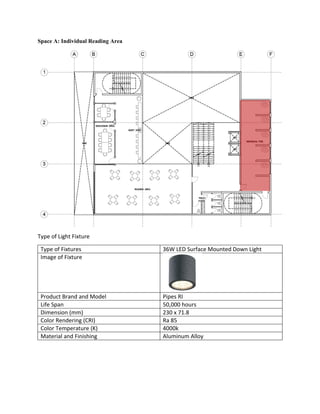 Space A: Individual Reading Area
Type of Light Fixture
Type of Fixtures 36W LED Surface Mounted Down Light
Image of Fixture
Product Brand and Model Pipes RI
Life Span 50,000 hours
Dimension (mm) 230 x 71.8
Color Rendering (CRI) Ra 85
Color Temperature (K) 4000k
Material and Finishing Aluminum Alloy
 