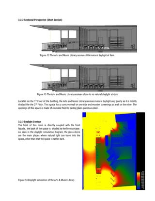 3.2.2 Sectional Perspective (Short Section) 
 
 
Figure 12 The Arts and Music Library receives little natural daylight at 9am. 
 
 
 
Figure 13 The Arts and Music Library receives close to no natural daylight at 4pm 
. 
Located on the 1​st
Floor of the building, the Arts and Music Library receives natural daylight very poorly as it is mostly                                           
shaded the the 2​nd
Floor. This space has a concrete wall on one side and wooden screenings as wall on the other. The                                             
openings of this space is made of rotatable floor to ceiling glass panels as door.  
 
 
 
3.2.3 Daylight Contour 
The front of this room is directly coupled with the front                     
façade, the back of the space is shaded by the fire staircase.                       
As seen in the daylight simulation diagram, the glass doors                   
are the main places where natural light can travel into the                     
space, other than that the space is rather dark. 
 
 
 
 
 
 
 
 
 
 
 
Figure 14 Daylight simulation of the Arts & Music Library. 
 