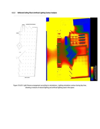 4.3.3 Reflected Ceiling Plan & Artificial Lighting Contour Analysis  
 
 
 
 
 
 
 
 
 
 
 
 
 
 
 
 
 
 
 
 
 
 
 
 
 
 
 
 
 
 
 
 
Figure 19 & 20 Light fixtures arrangement according to calculations ; Lighting simulation contour during day time, 
showing a mixture of natural lighting and artificial lighting used in the space.   
 
 
 
 
 
 
 
 
 
 
 
 
 
 