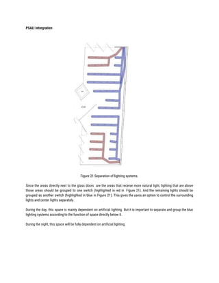 PSALI Intergration 
 
Figure 21 Separation of lighting systems. 
 
Since the areas directly next to the glass doors are the areas that receive more natural light, lighting that are above                                         
those areas should be grouped to one switch (highlighted in red in Figure 21). And the remaining lights should be                                       
grouped as another switch (highlighted in blue in Figure 21). This gives the users an option to control the surrounding                                       
lights and center lights separately. 
 
During the day, this space is mainly dependent on artificial lighting. But it is important to separate and group the blue                                         
lighting systems according to the function of space directly below it. 
 
During the night, this space will be fully dependent on artificial lighting. 
 
 
 
 
 
 
 