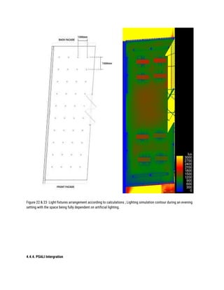  
 
Figure 22 & 23 Light fixtures arrangement according to calculations ; Lighting simulation contour during an evening 
setting with the space being fully dependent on artificial lighting. 
 
 
 
 
 
 
 
 
 
4.4.4. PSALI Intergration 
 