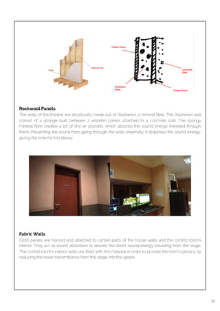  
Rockwool Panels
The walls of the theatre are structurally made out of Rockwool, a mineral ﬁbre. The Rockwool wall
consist of a sponge built between 2 wooden panels attached to a concrete slab. The spongy
mineral ﬁbre creates a lot of tiny air pockets, which absorbs the sound energy travelled through
them. Preventing the sound from going through the walls externally. It disperses the sound energy,
giving the time for it to decay.
Fabric Walls
Cloth panels are framed and attached to certain parts of the house walls and the control room’s
interior. They act as sound absorbers to absorb the direct sound energy travelling from the stage.
The control room’s interior walls are ﬁlled with this material in order to provide the room’s privacy by
reducing the noise transmittance from the stage into the space.
19
 