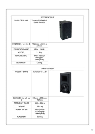  
SPECIFICATION B
PRODUCT BRAND Yamaha C112VA Full
Range Speaker
DIMENSION ( w x h x d
)
416mm x 620mm x
329mm
FREQUENCY RANGE 68Hz – 16kHz
WEIGHT 21.8 kg
POWER RATING 175w (noise)/
350w(pgm)/
700w(peak)
PLACEMENT Ceiling
SPECIFICATION C
PRODUCT BRAND Yamaha IF2112/64
DIMENSION ( w x h x d
)
378mm x 695mm x
454mm
FREQUENCY RANGE 55Hz – 20kHz
WEIGHT 21.8 kg
POWER RATING 300w (noise)/
700w(pgm)/
1400w(peak)
PLACEMENT Ceiling
23
 