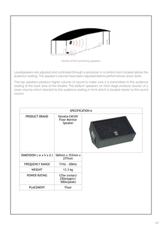  
Loudspeakers are adjusted and controlled through a processor in a control room located above the
audience seating. The speaker’s volume have been adjusted before performances show starts.
The top speakers produce higher volume of sound to make sure it is transmitted to the audience
seating at the back area of the theatre. The bottom speakers on front stage produce sounds of a
lower volume which directed to the audience seating in front which is located nearer to the sound
source.
Section of the functioning speakers
SPECIFICATION A
PRODUCT BRAND Yamaha CM10V
Floor Monitor
Speaker
DIMENSION ( w x h x d ) 560mm x 353mm x
277mm
FREQUENCY RANGE 71Hz – 20kHz
WEIGHT 13.3 kg
POWER RATING 125w (noise)/
250w(pgm)/
500w(peak)
PLACEMENT Floor
22
 